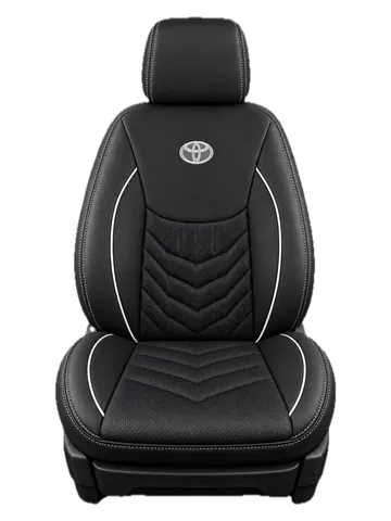 Forro de asiento negro con ribetes blancos, costuras en V y bordado Toyota