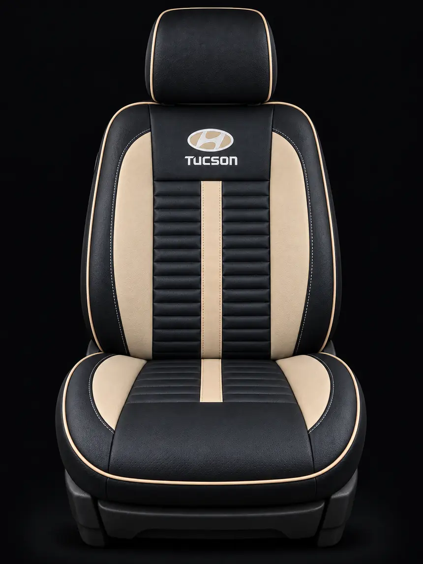 Asiento negro con franjas beige y bordado