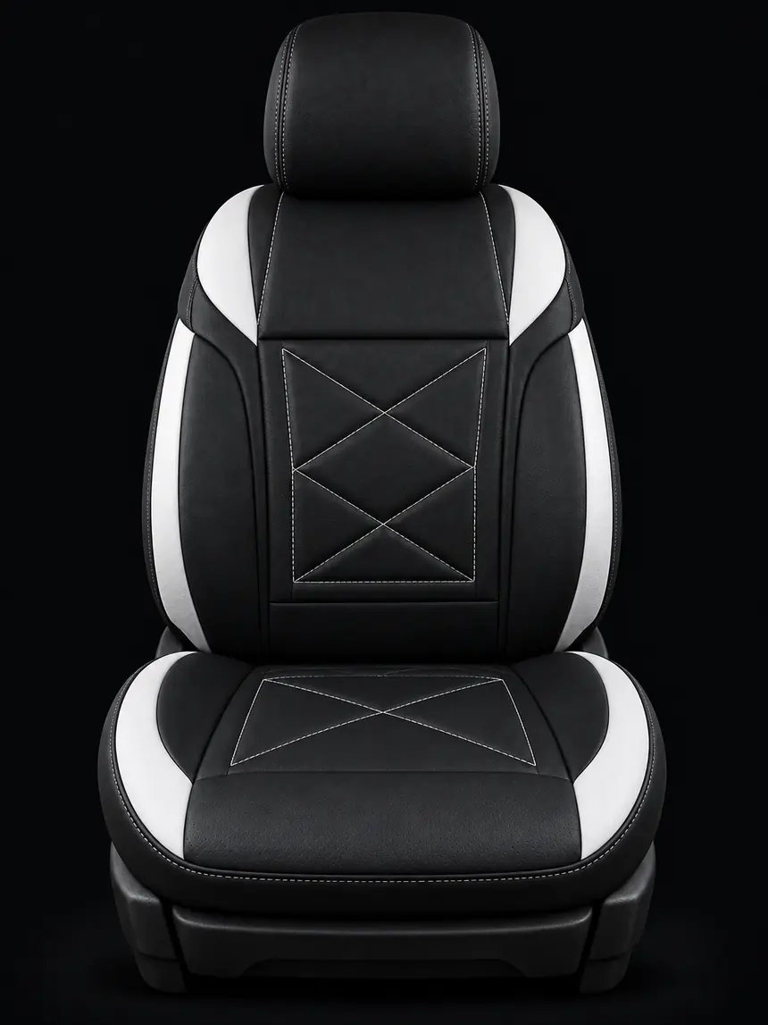 Asiento negro con laterales blancos y costuras en X