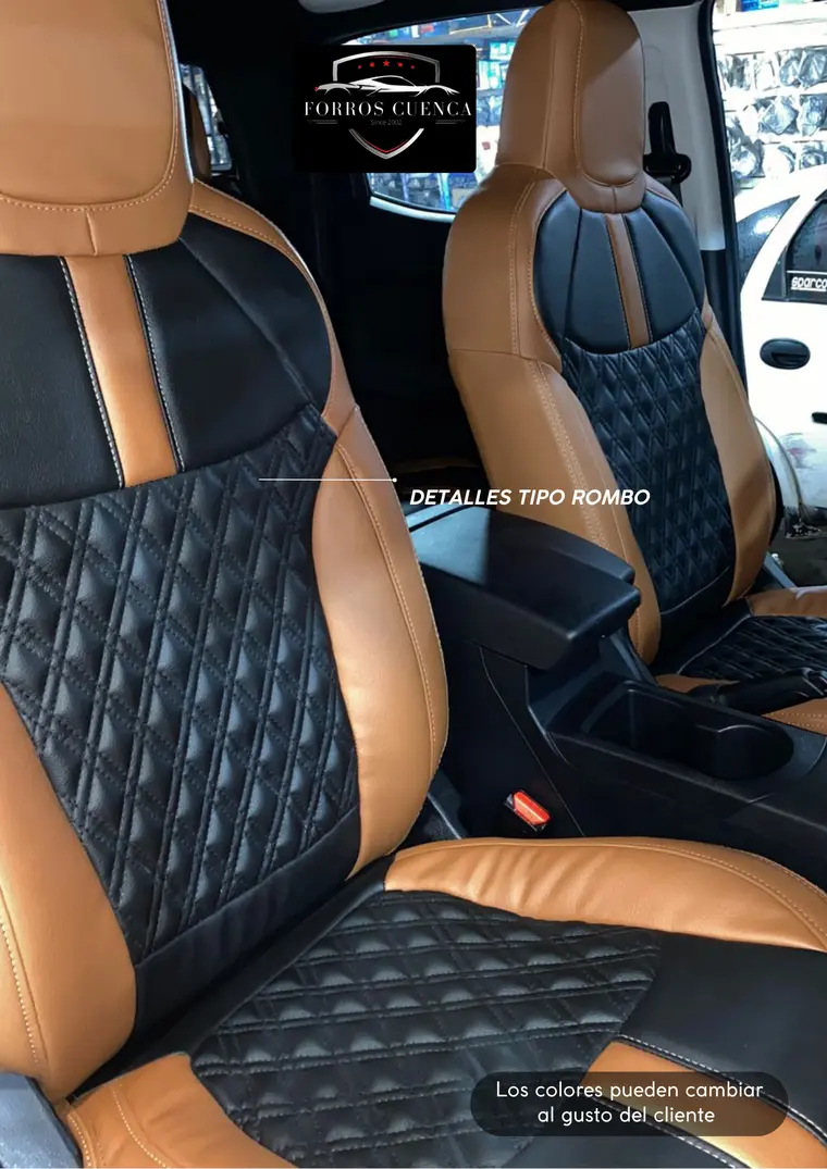 Forros bicolor cafe camel y negro con acolchado de rombos en una camioneta